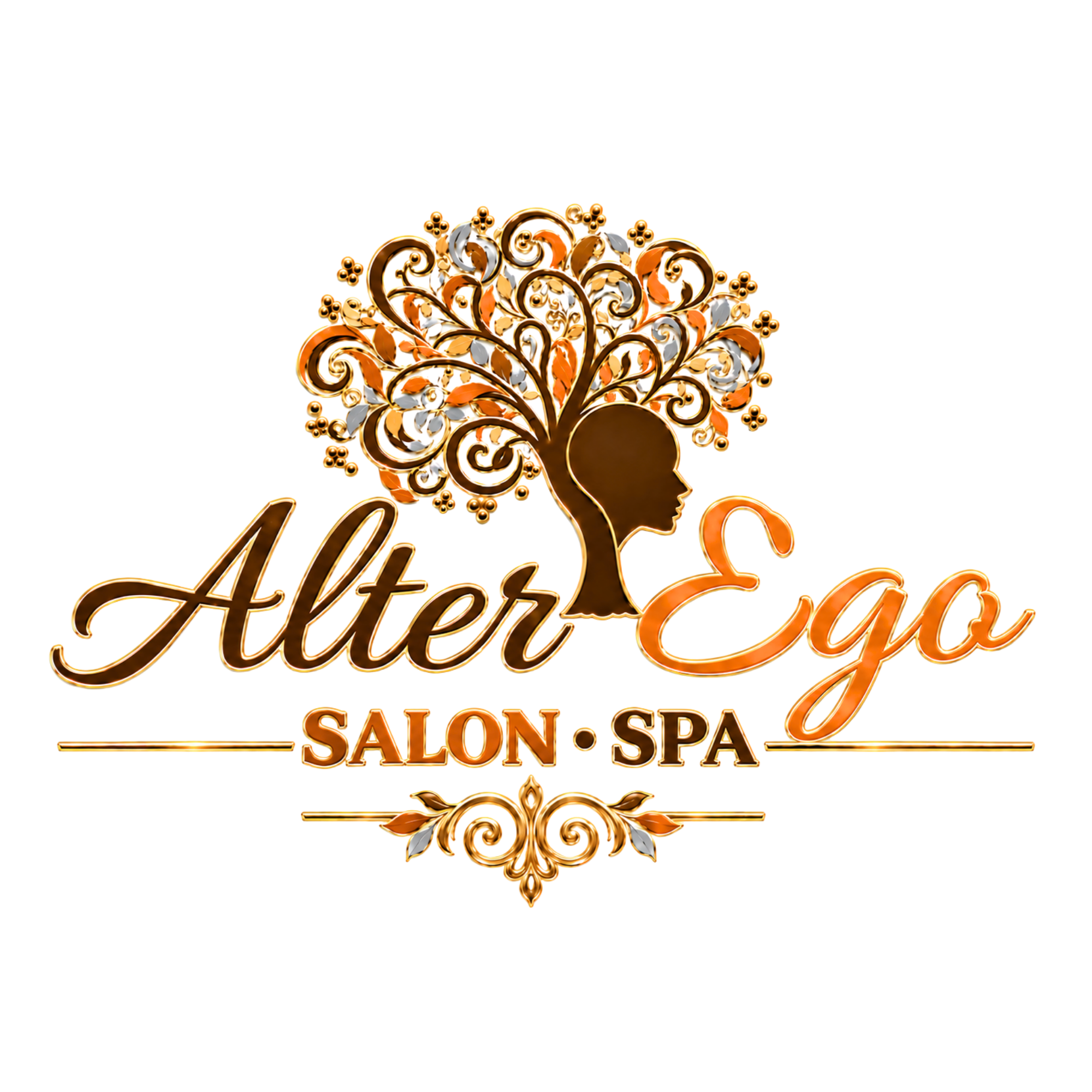 Logo for Alter Ego Salon Spa with ornate tree design and silhouette.