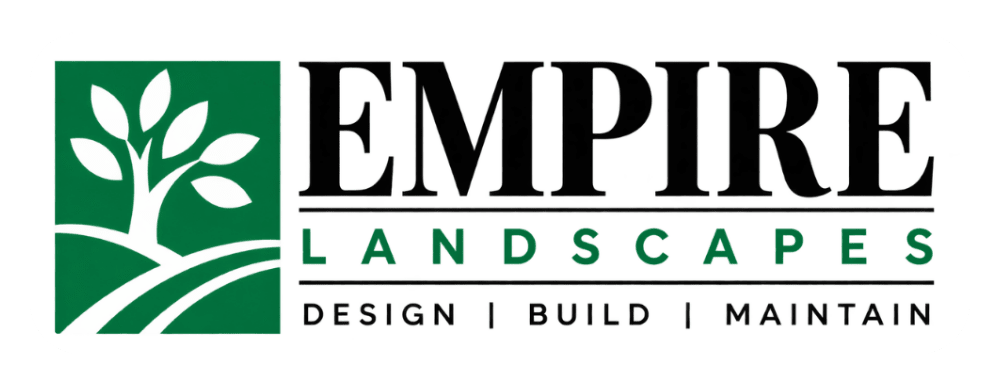Logo for a landscaping company with tree icon and service tagline.