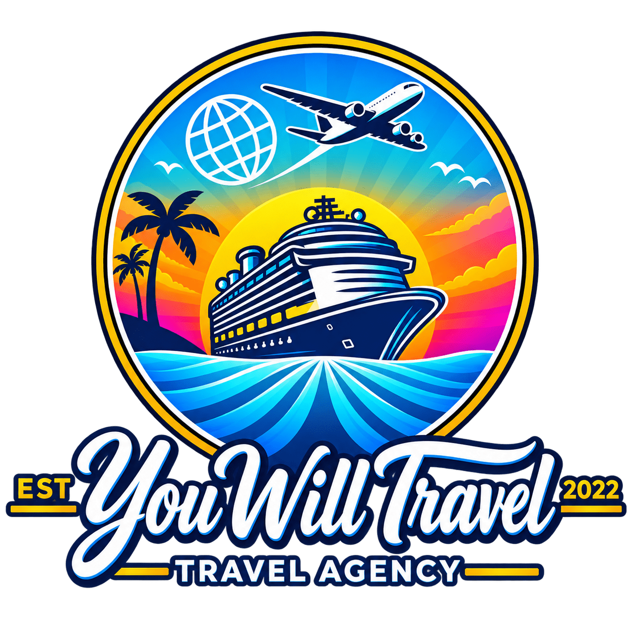A circular travel agency logo with cruise ship, airplane, and palm trees.