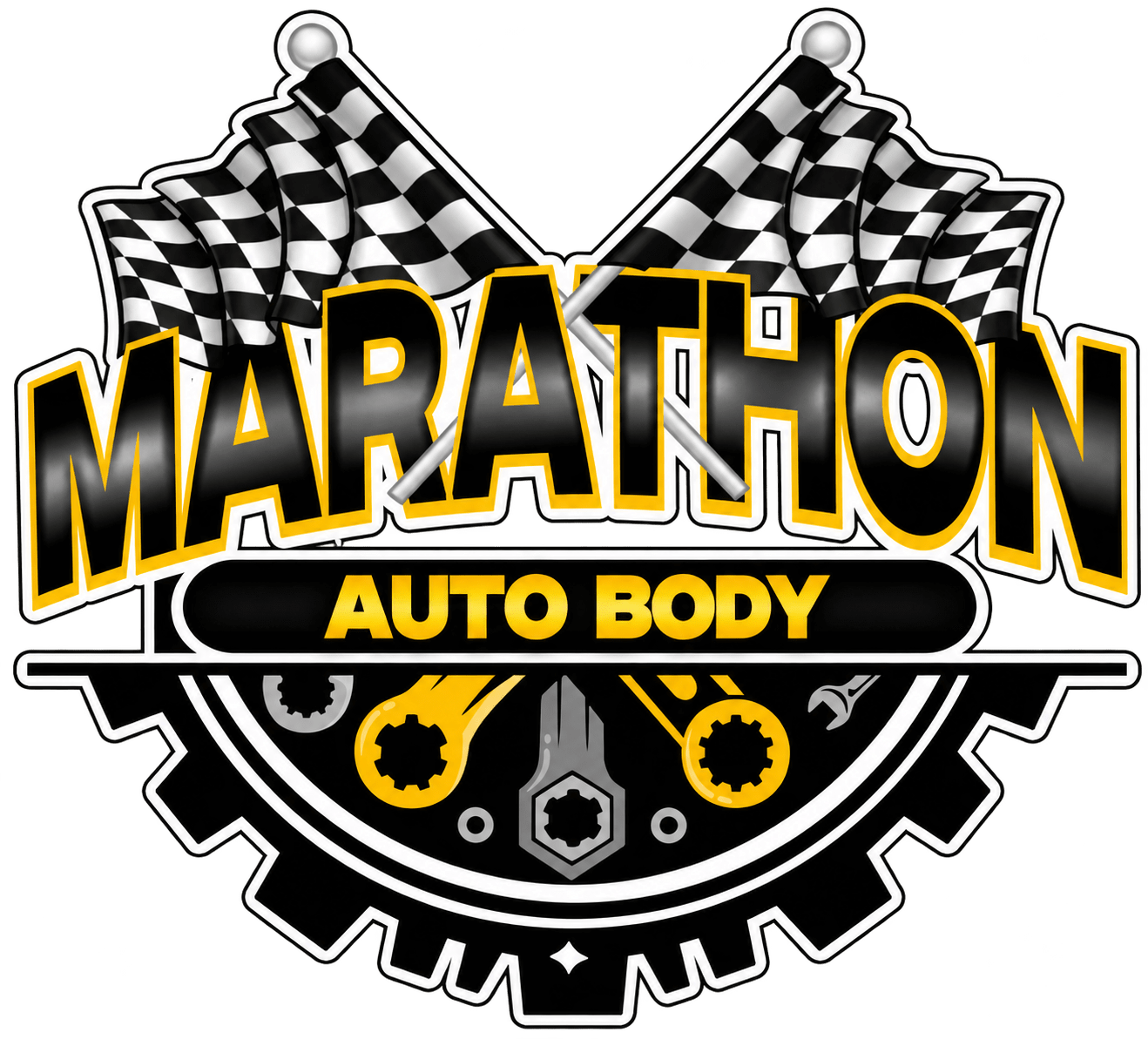 Auto body shop logo with checkered flags and gear design.