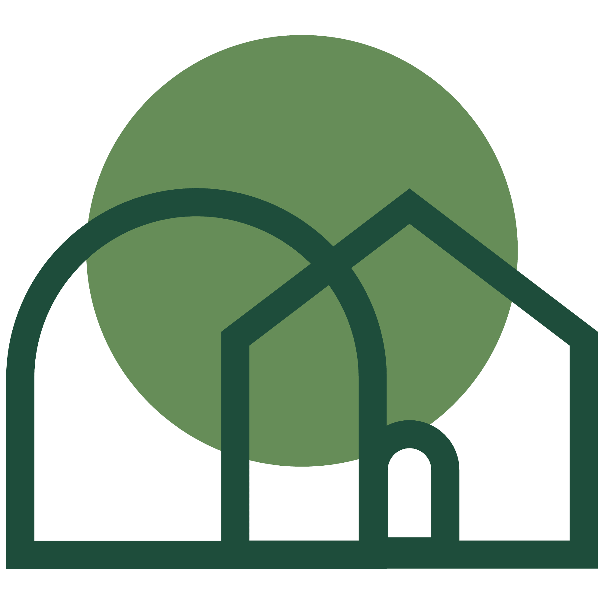Minimalist line icon of a house and arched structure against a circular background.