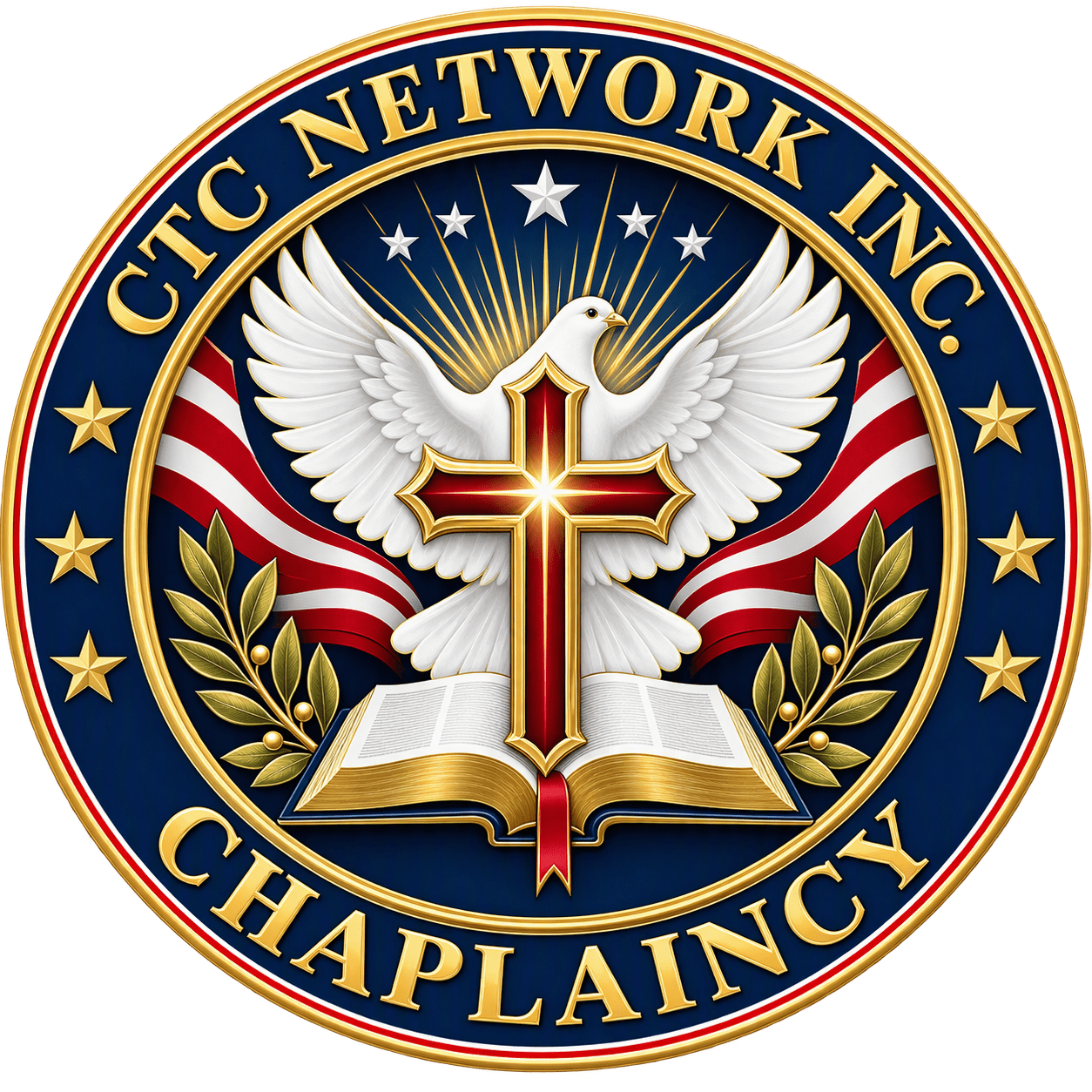 Circular logo for a chaplaincy organization with dove, cross, and American flag elements.