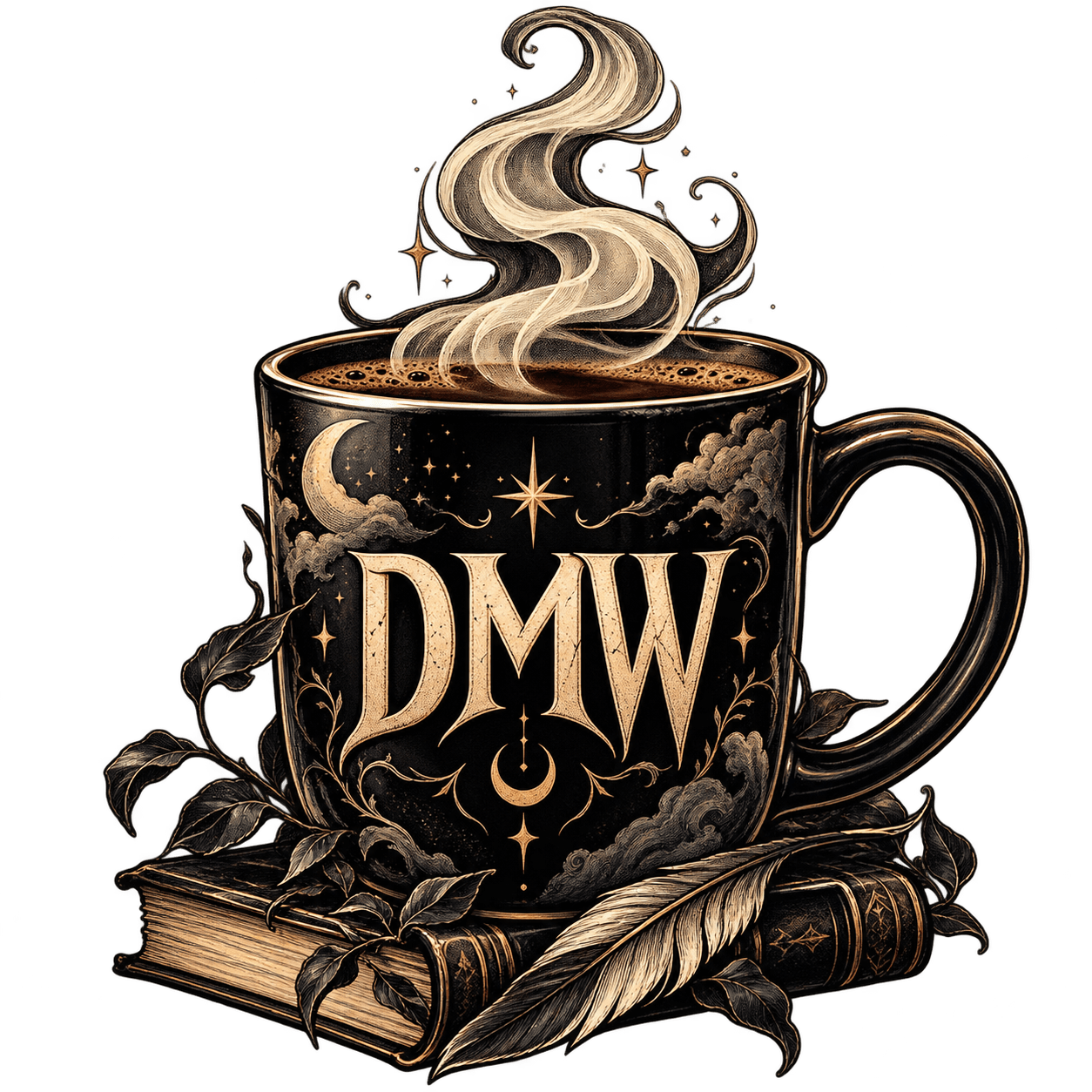 A steaming mug with celestial designs and initials, resting on books and a feather.