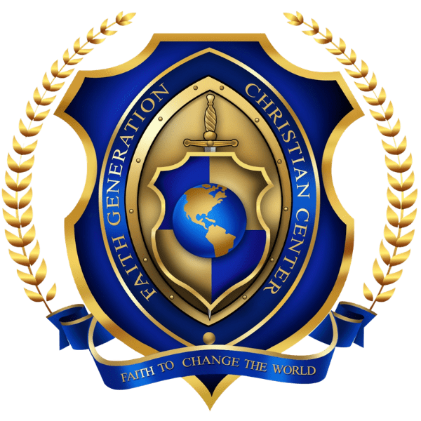 A Christian center logo with globe, sword, and laurel wreath.