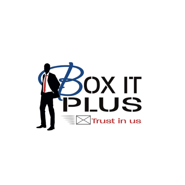 Logo for Box It Plus with a silhouette of a man in a suit.