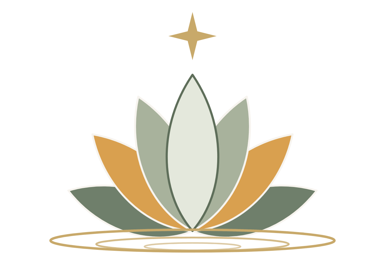 Minimalist lotus logo with star above, on green background
