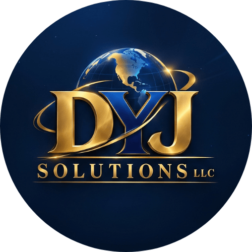 Logo for DYJ Solutions LLC with globe and metallic lettering.