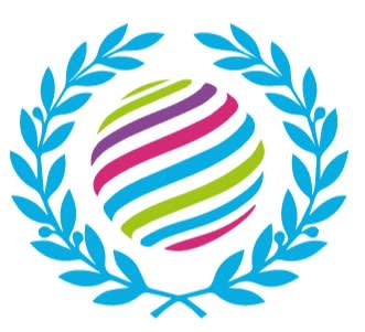 A colorful globe logo encircled by a blue laurel wreath on white.