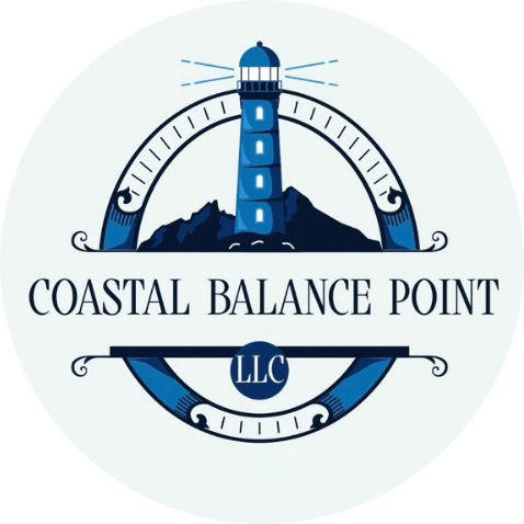A circular logo for a coastal business with a lighthouse and mountain graphic.