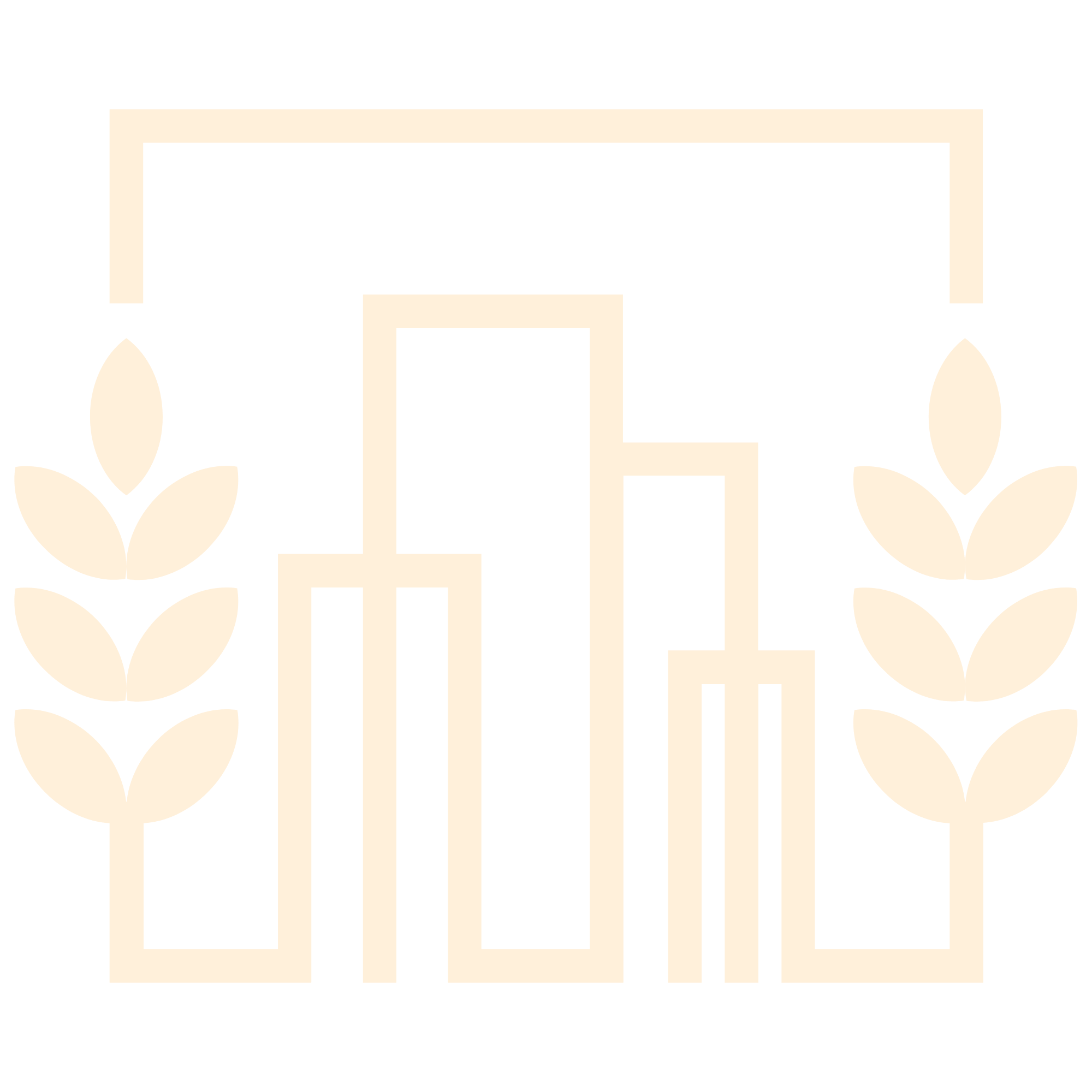 Abstract logo with stylized buildings and wheat stalks on green background