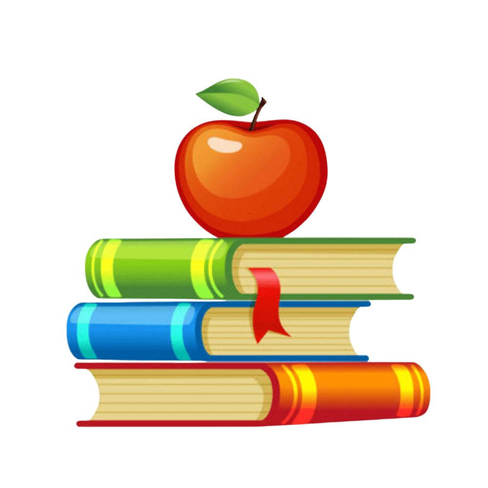 Stack of colorful books topped with a red apple and green leaf.