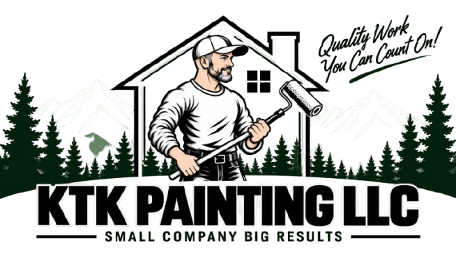 Illustrated painter holding roller inside house outline logo