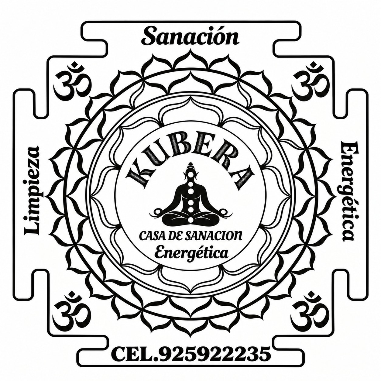 Black and white circular logo for a spiritual healing center with Om symbols and contact info.
