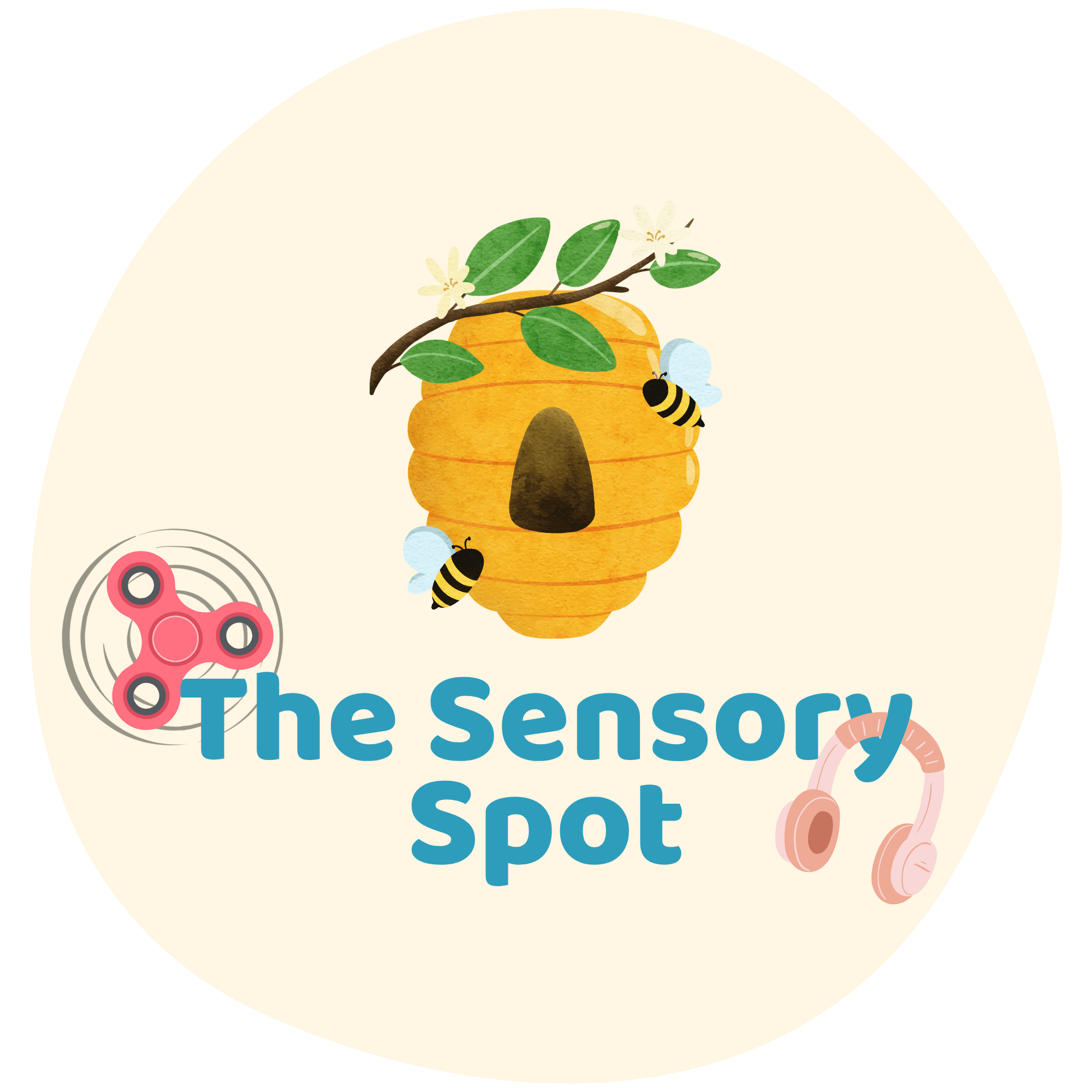 Illustrated logo for a sensory play space featuring a beehive and fidget toys.