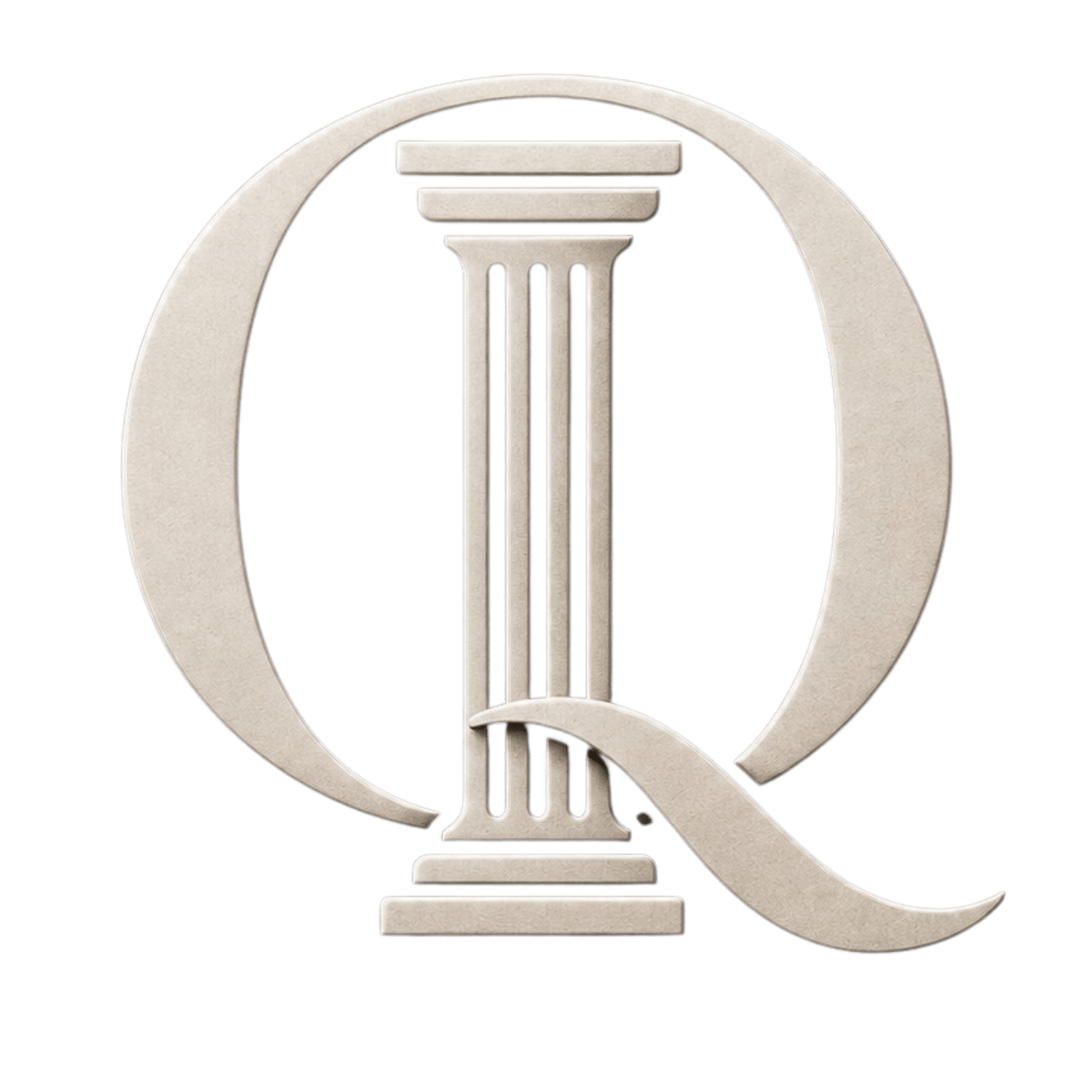A stylized letter Q with a classical column inside, set against a solid green background.