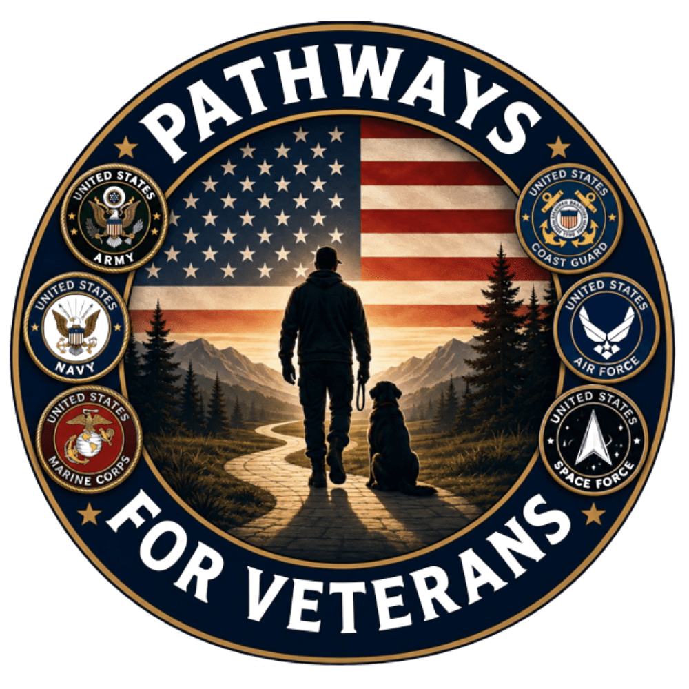 Veteran walking with dog on path under American flag emblem.