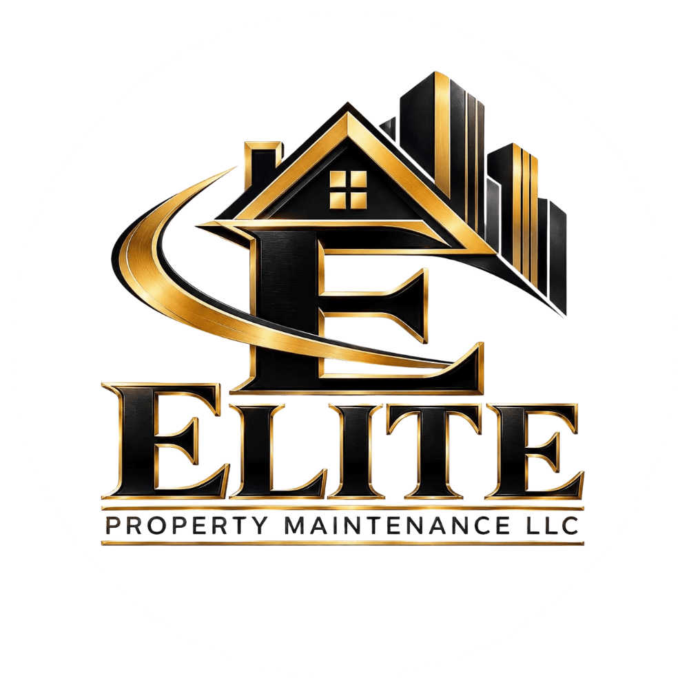 Logo for a property maintenance company with stylized house and skyscrapers.