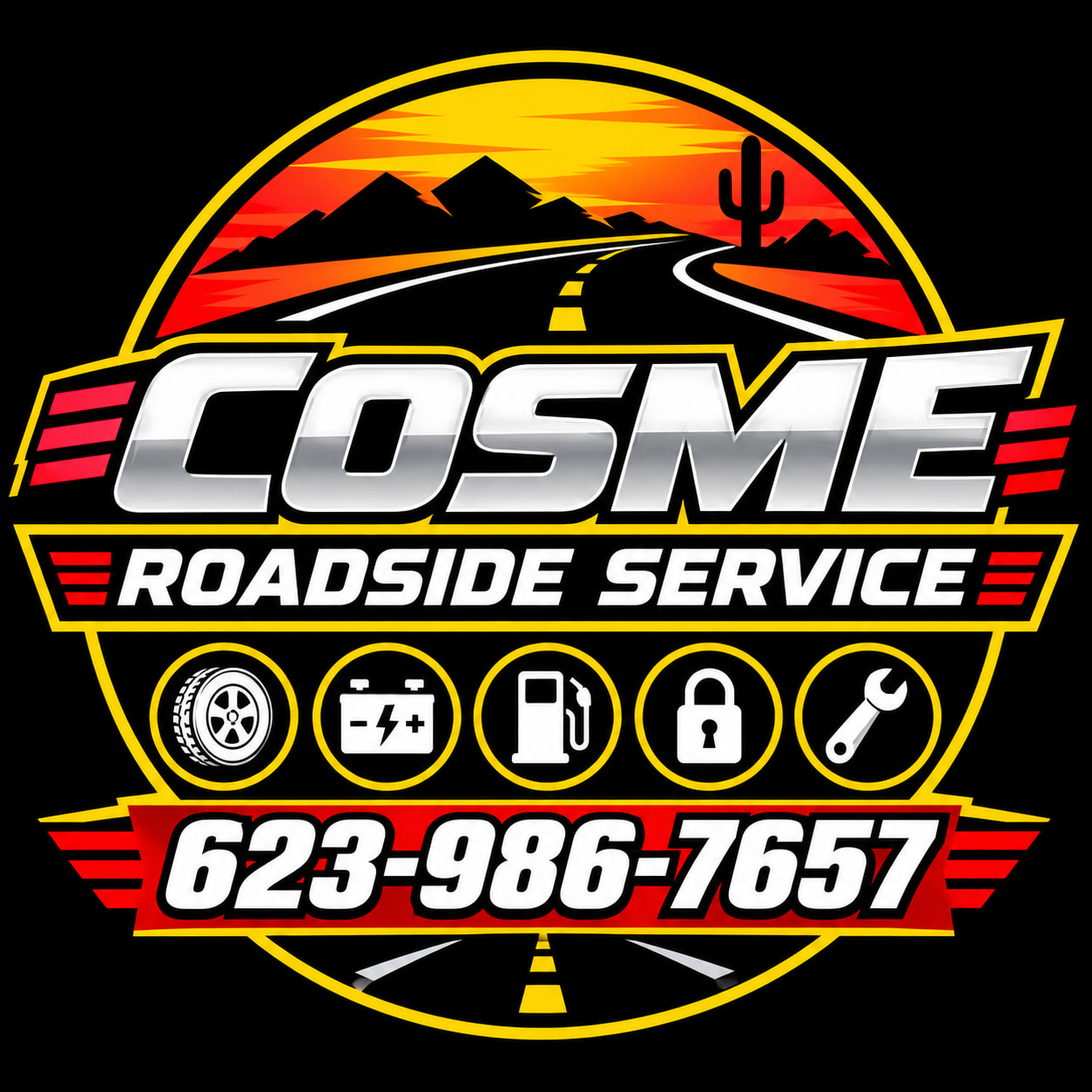 A roadside service logo with desert road, cactus, and icons.