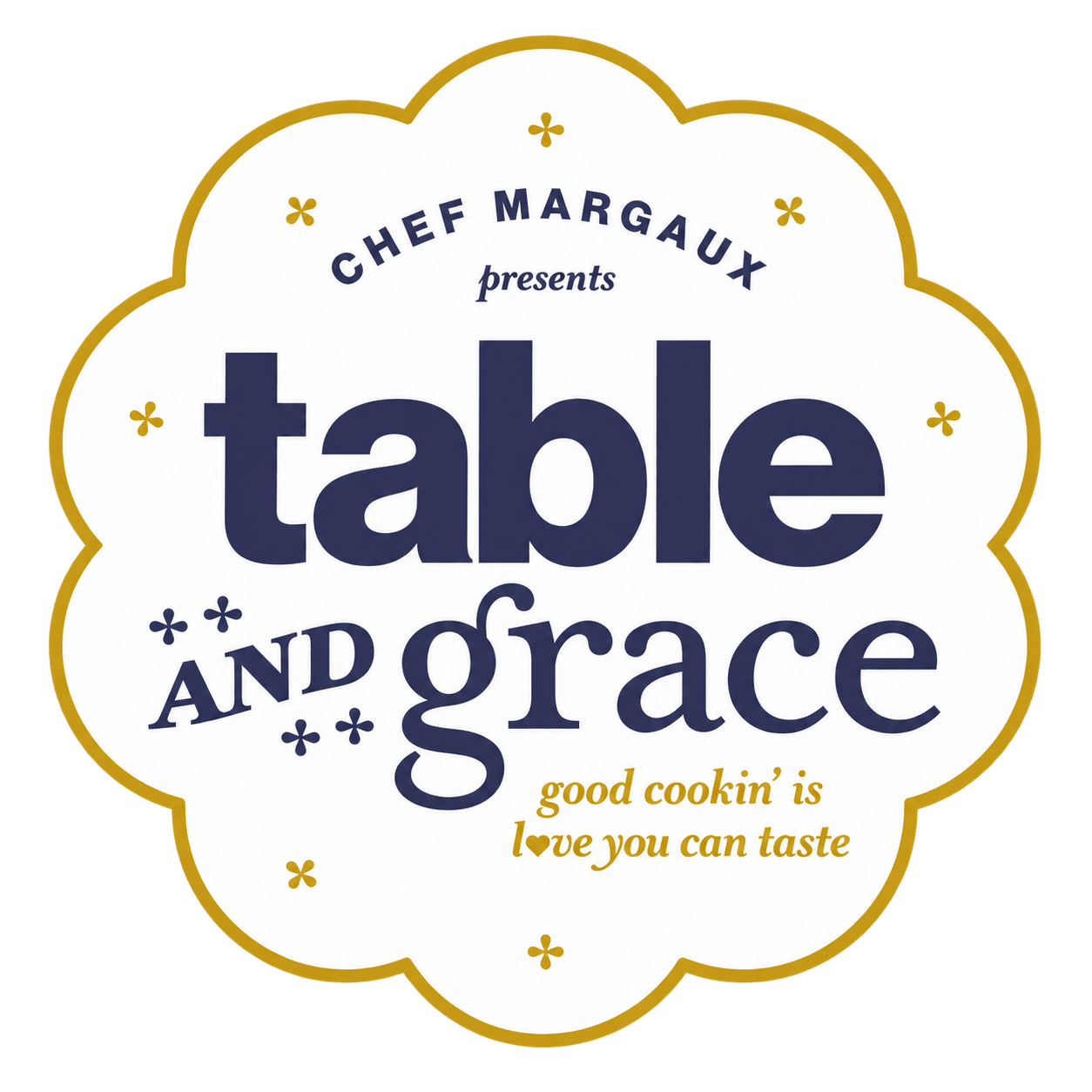 A logo for a chef's brand featuring a cloud-shaped emblem with text and decorative stars.