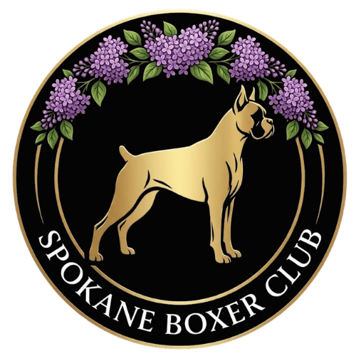 A golden boxer dog logo with purple lilacs in a circular emblem.