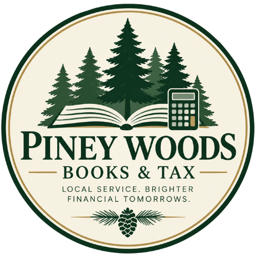 Circular logo for a local accounting firm featuring pine trees, an open book, and a calculator.