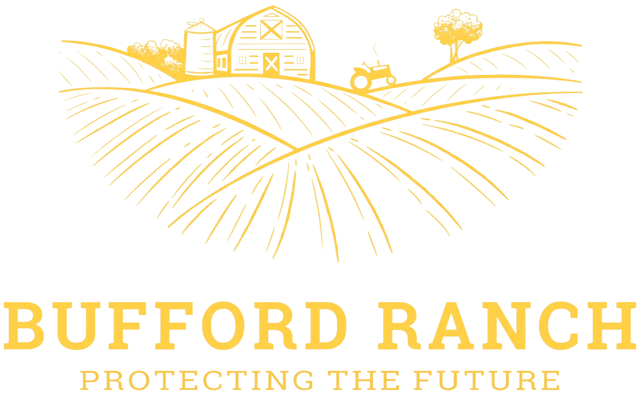 Illustrated farm logo with barn, tractor, and rolling fields.
