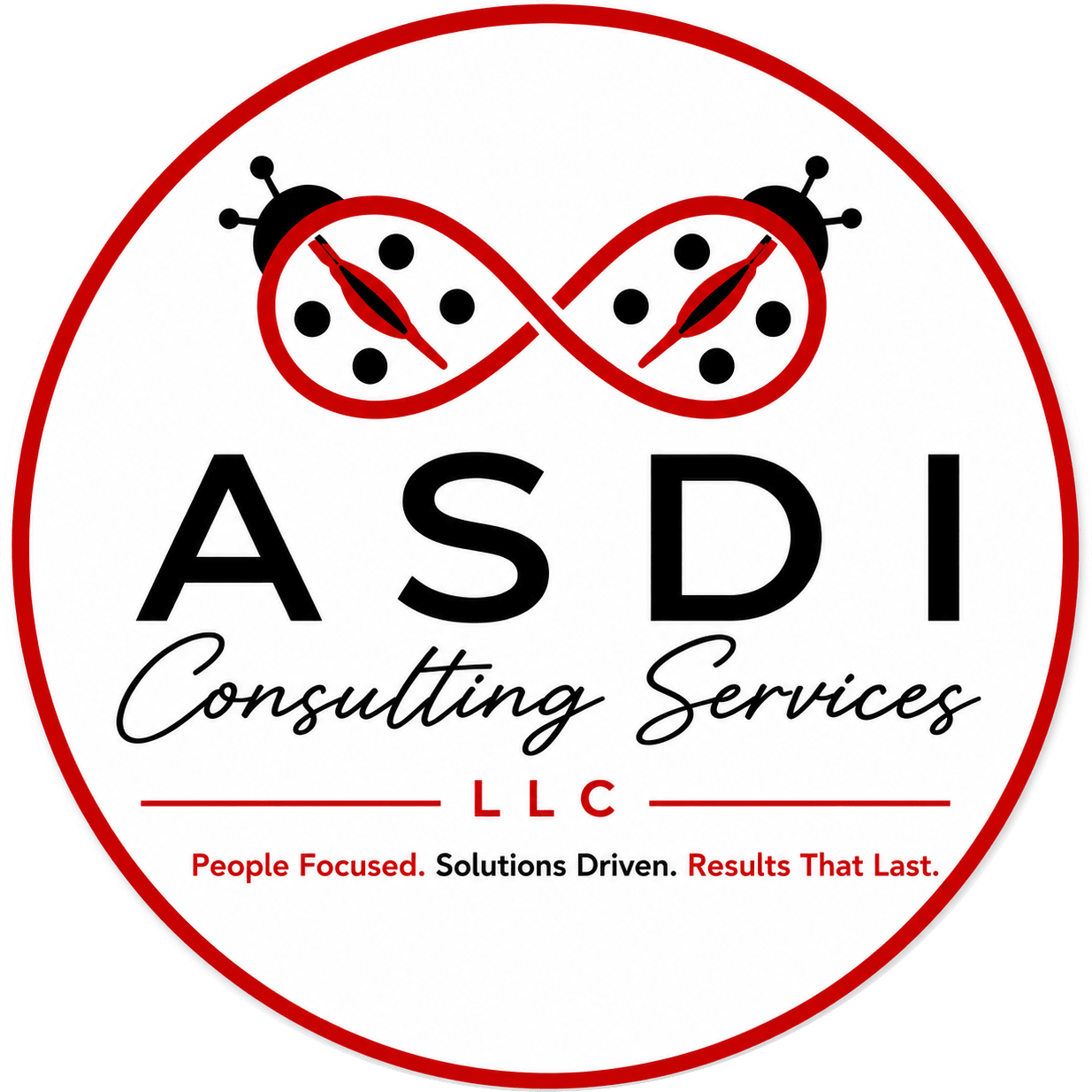 A circular logo for a consulting firm with ladybugs forming an infinity symbol.