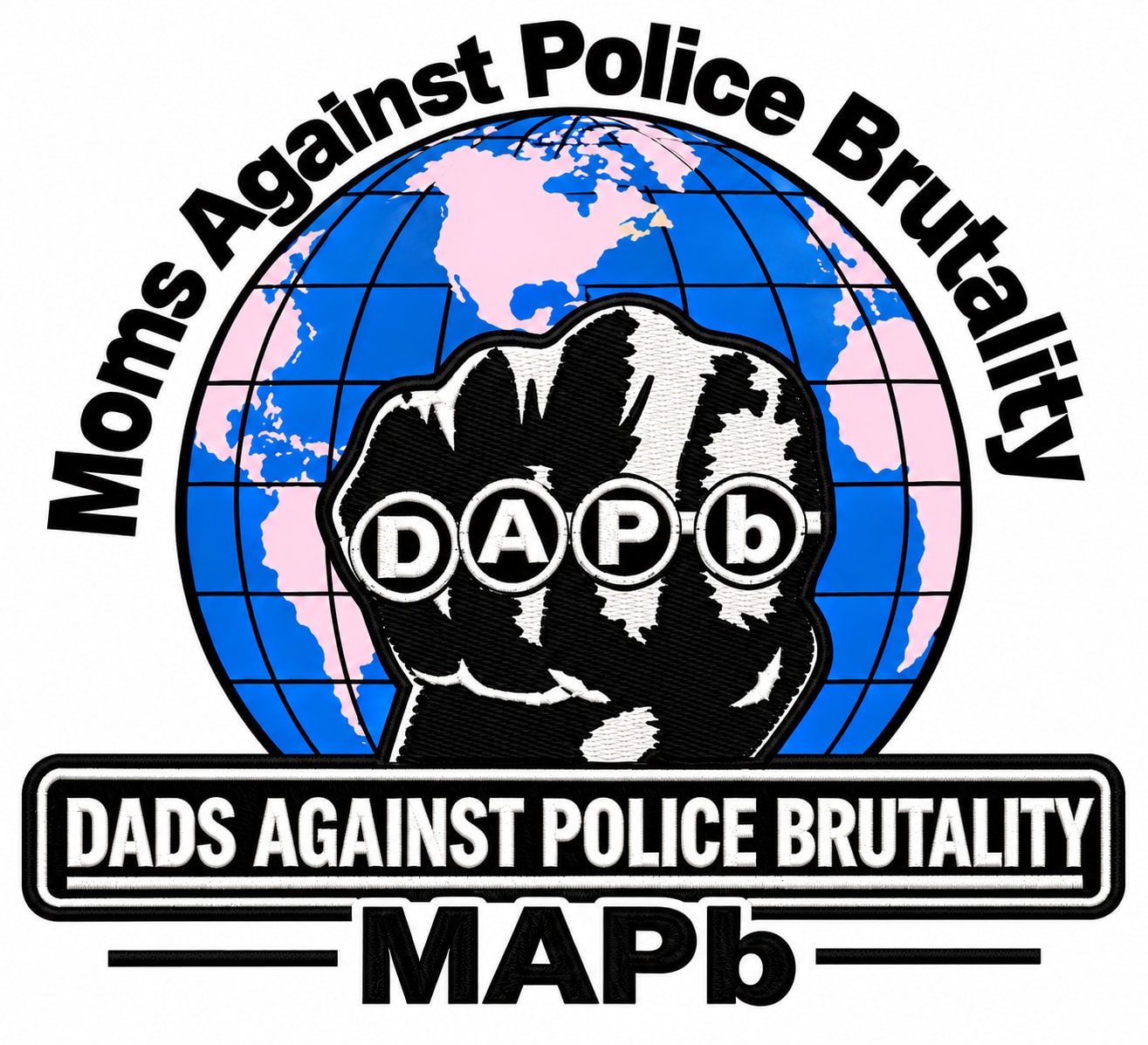 Logo for Moms and Dads Against Police Brutality with globe and fist.