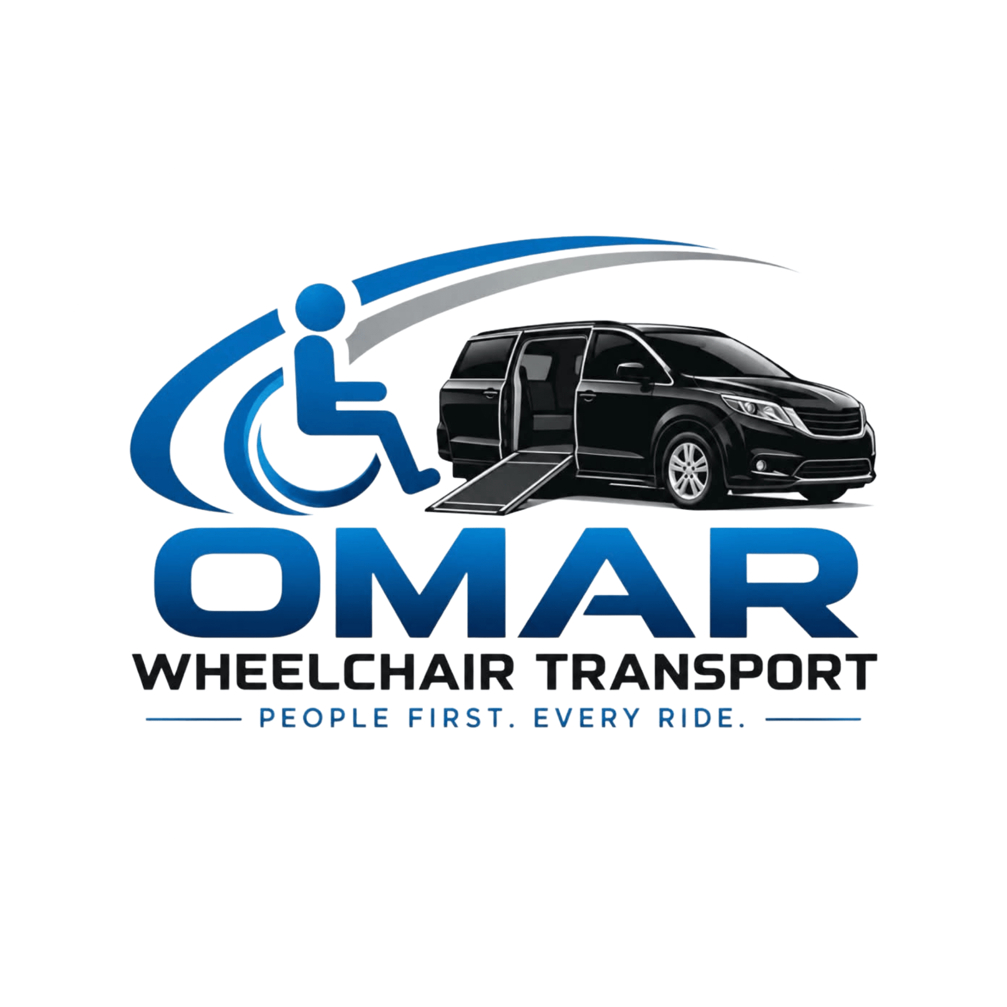 Logo for wheelchair transport service with van and accessibility symbol.