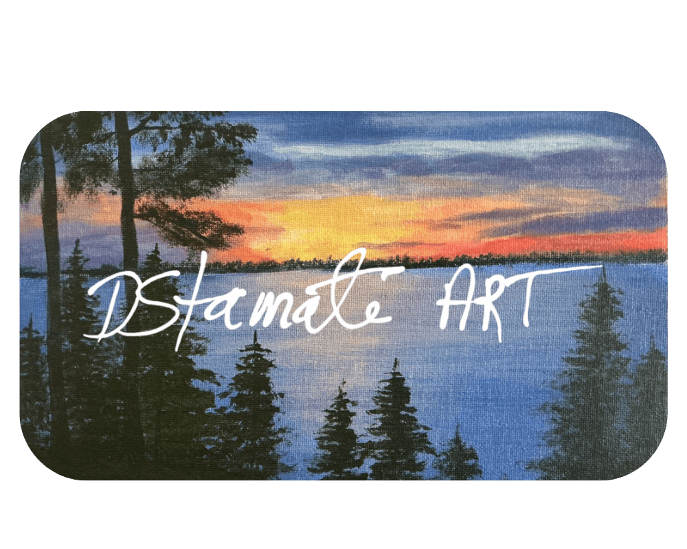 Painted sunset over lake with pine trees and artist signature.