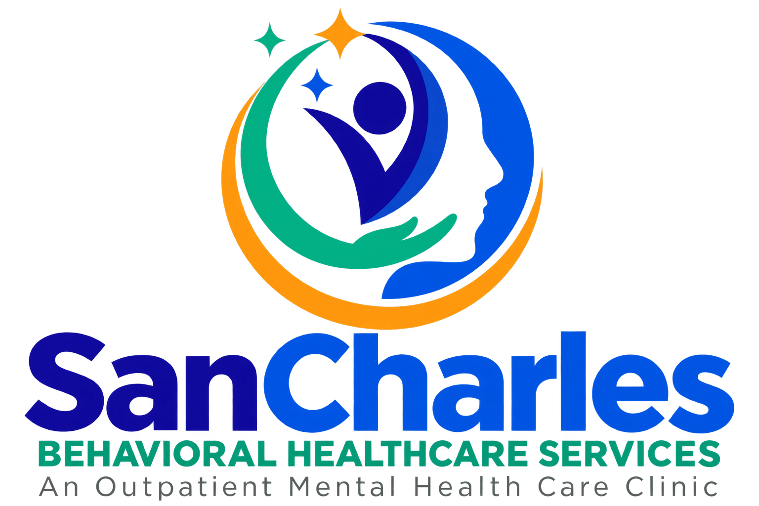 Logo for a mental health clinic with stylized human figure and crescent design.