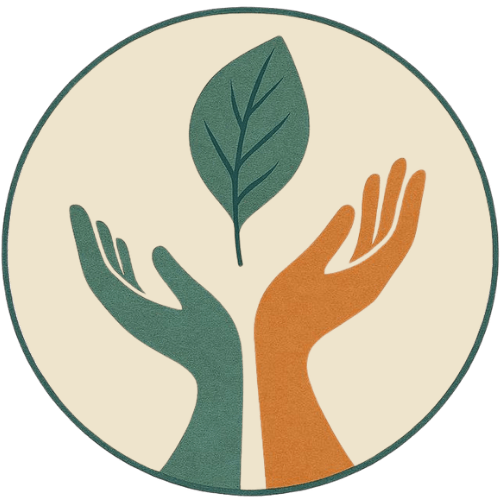 Two stylized hands cradling a leaf inside a circle.