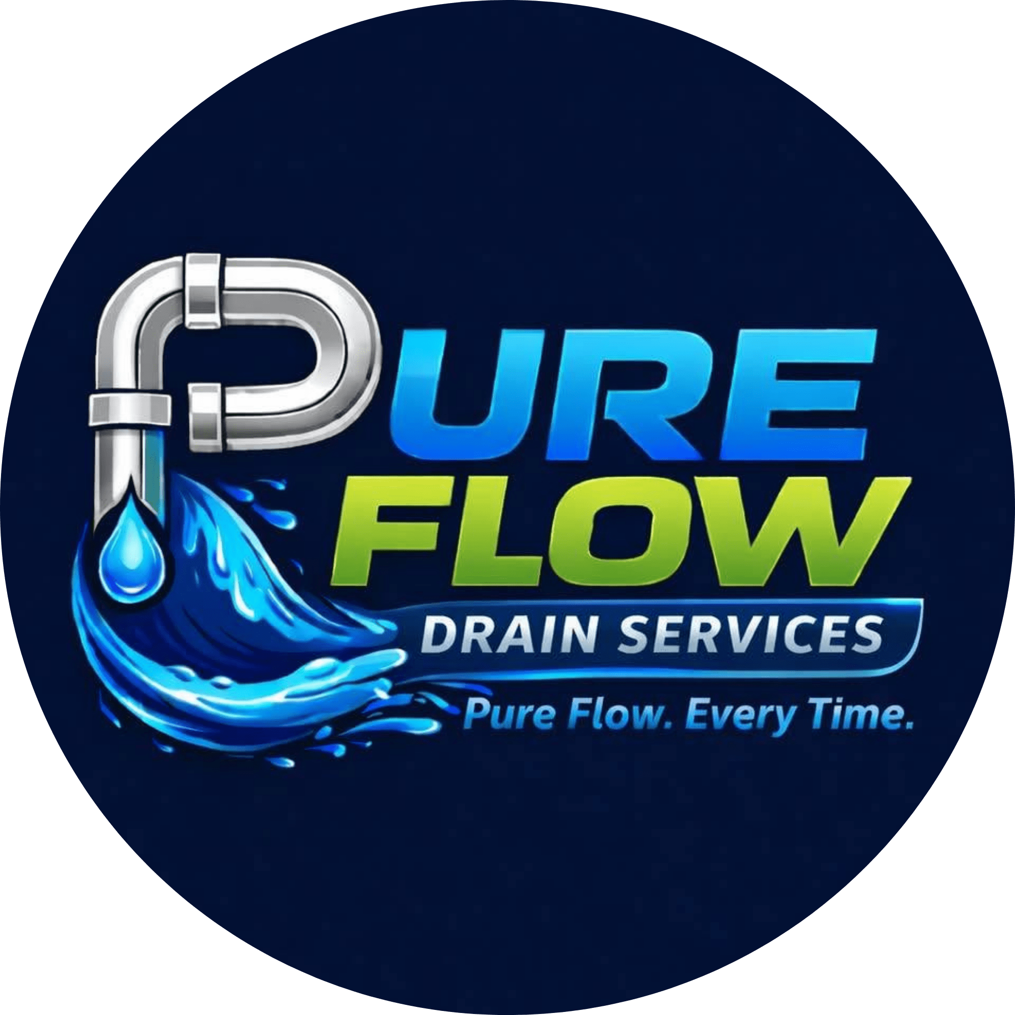 Logo for a drain services company with water and pipe imagery.