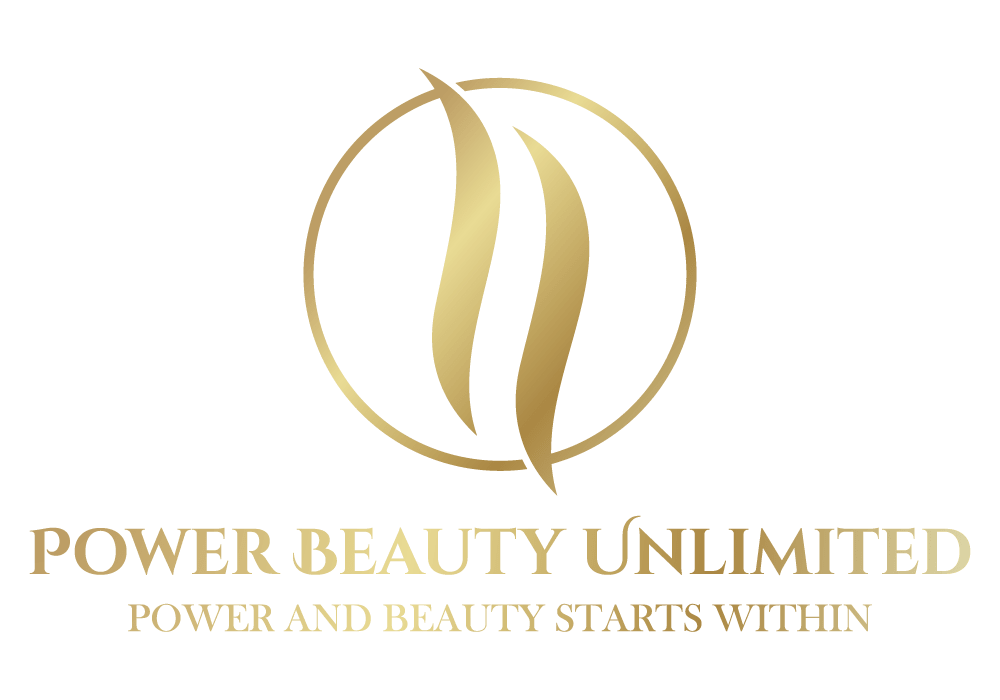 Logo for a beauty brand with gold emblem and tagline on green background