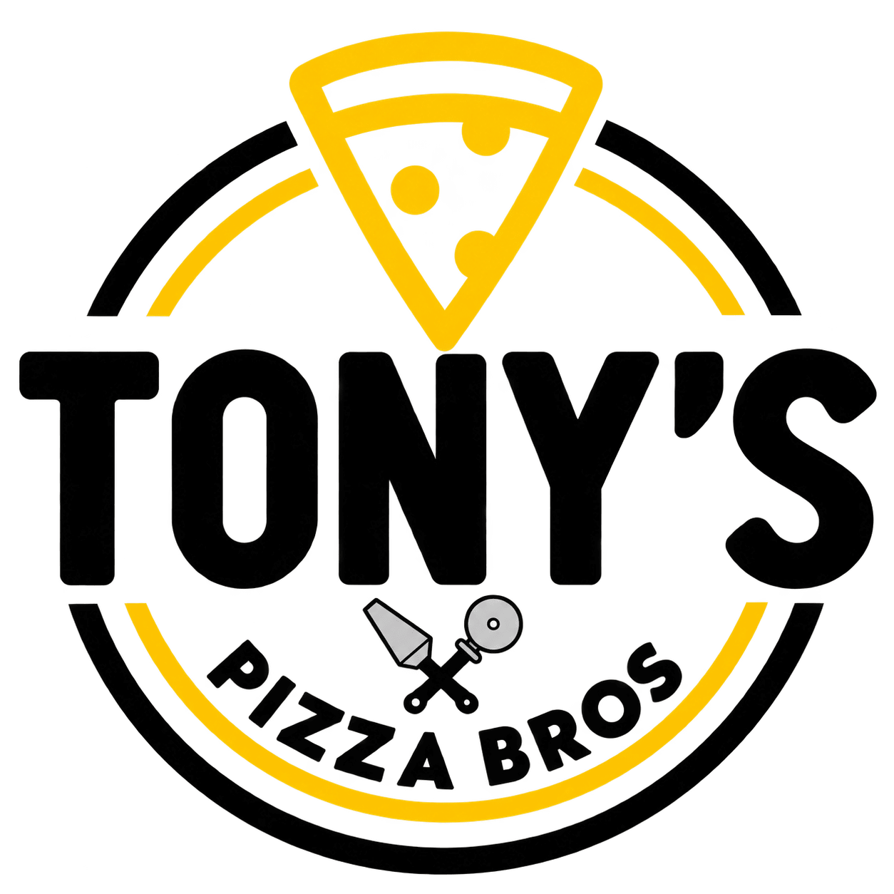 A circular pizza shop logo with a slice and crossed tools.