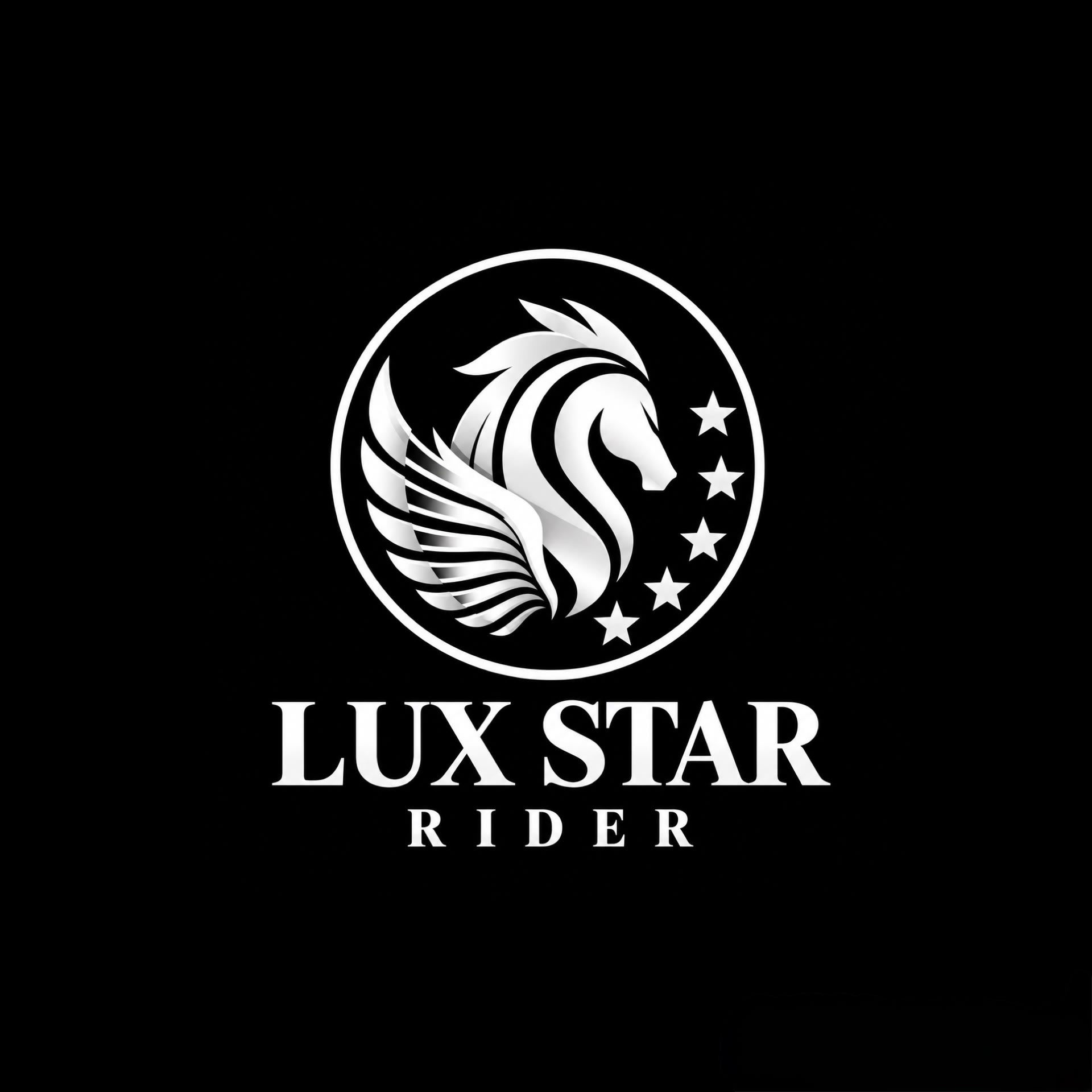 A sleek logo for a luxury equestrian brand with a winged horse and stars.