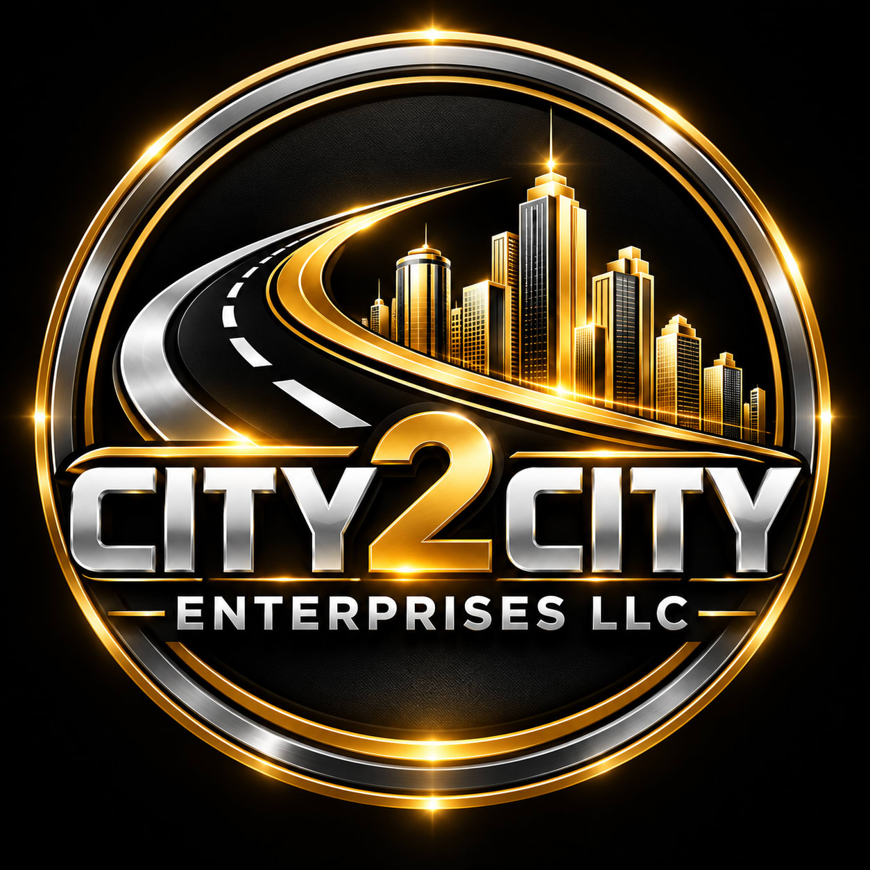 Logo for a company named City2City Enterprises LLC with a cityscape and road design.