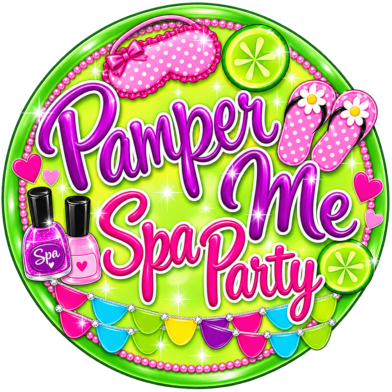 Circular graphic for a spa party with glittery text and beauty items.