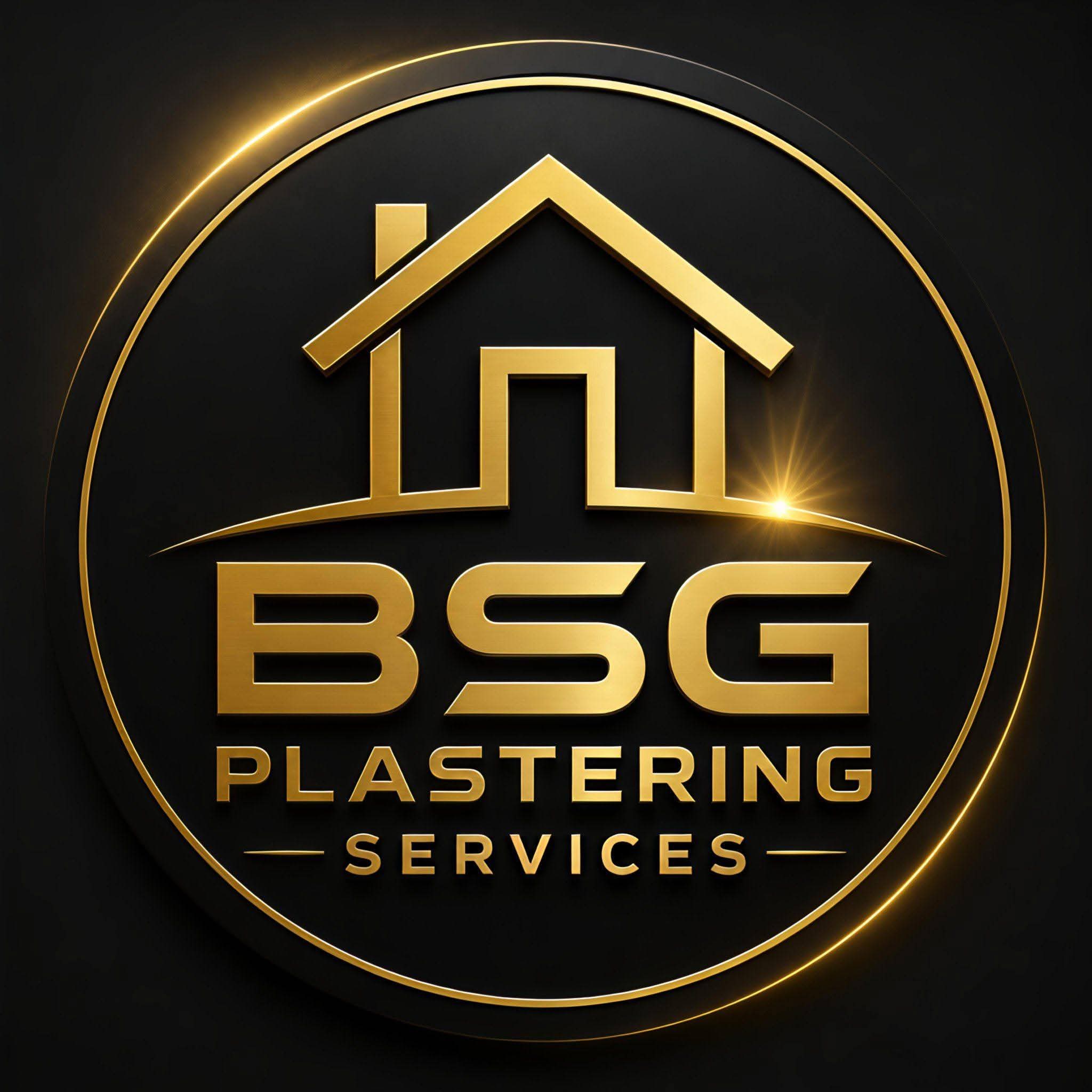 A gold-plated logo for a plastering business on a black background.