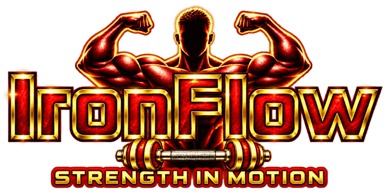 Muscular silhouette flexing with glowing red and gold logo.
