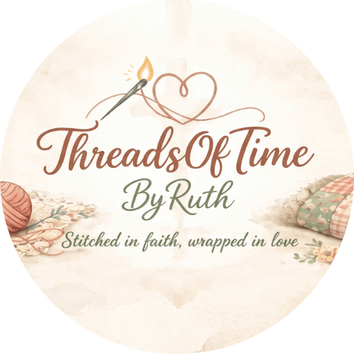 Circular logo for a handmade quilting business with needle, heart, and fabric motifs.