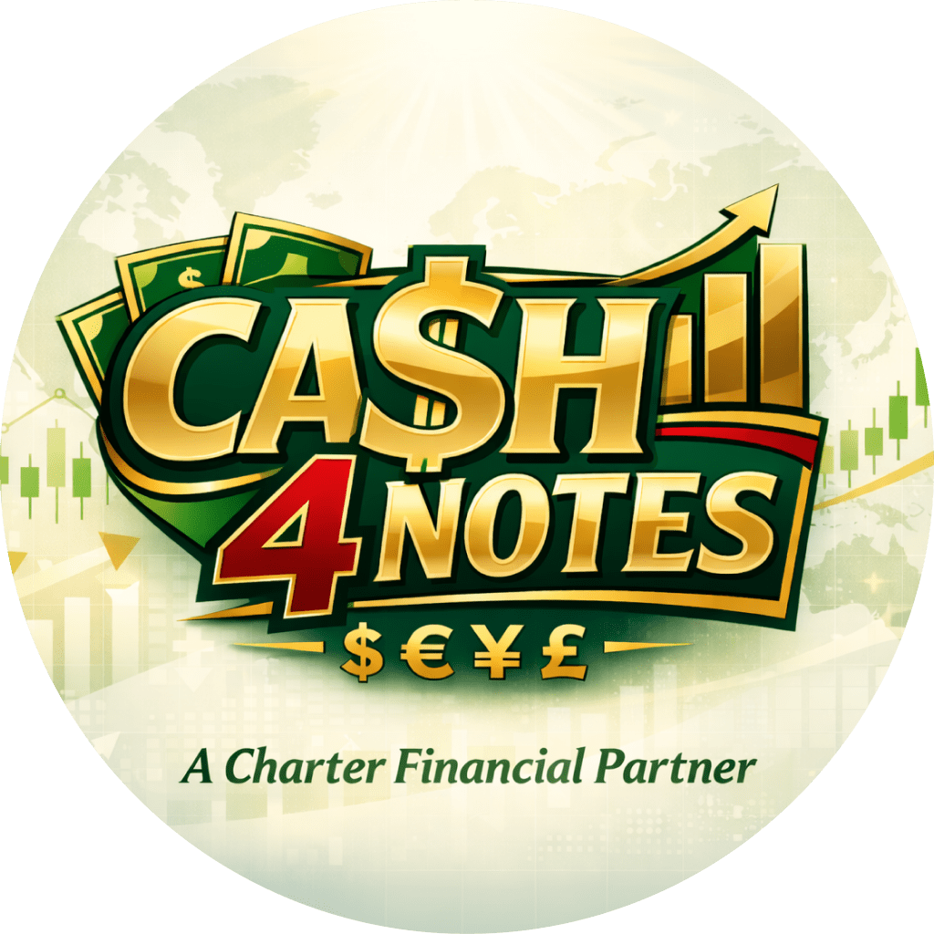 Logo for a financial service named Cash 4 Notes with currency symbols and upward arrow.