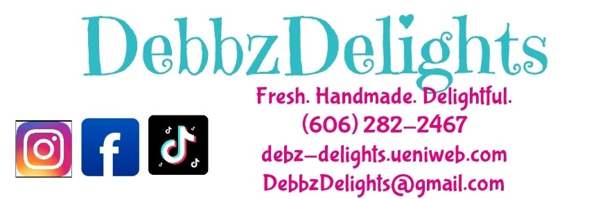 A business card for a handmade goods brand with social media icons and contact info.