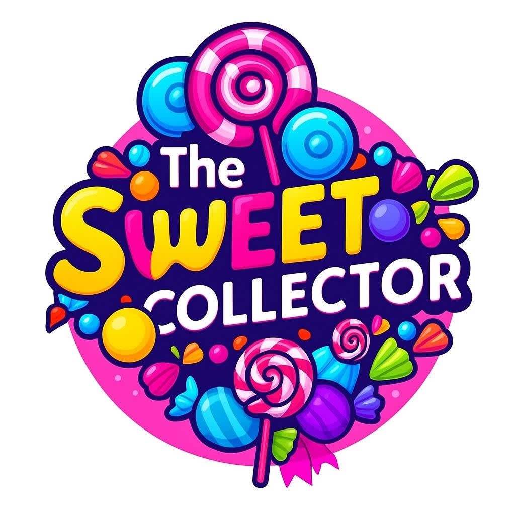 A colorful logo for a candy-themed brand with lollipops and sweets.