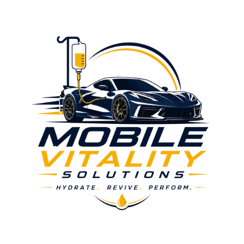 Logo for mobile car hydration service with sports car and IV drip.
