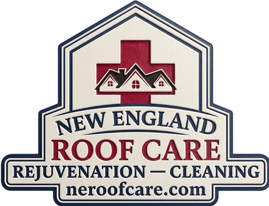 A roof care company logo with houses and a red cross on green background.