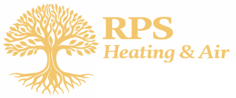 Logo for RPS Heating & Air with tree icon on mustard background.