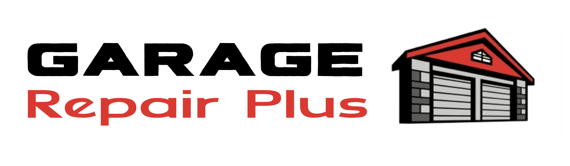 A garage repair service logo with bold text and a red-roofed garage icon.