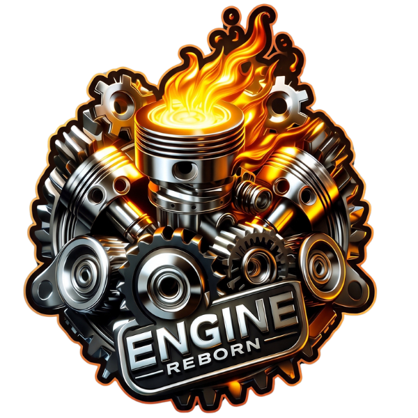 A fiery piston surrounded by gears with 'ENGINE REBORN' text.