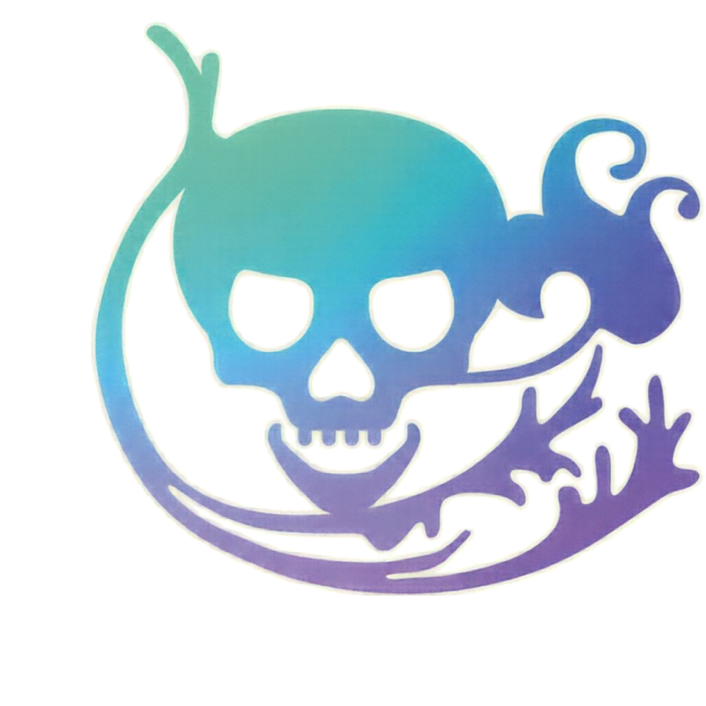 A stylized skull logo with gradient colors and playful text.